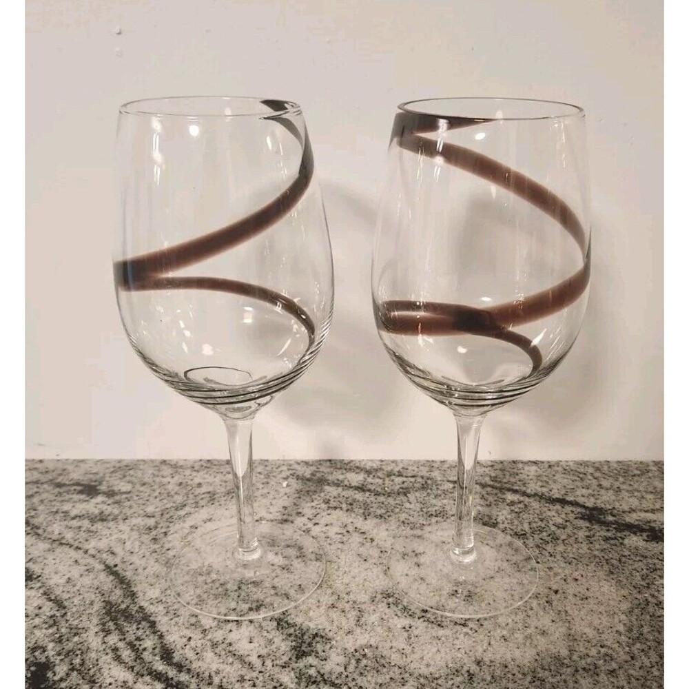 Pier 1 Purple Brown Swirl Line Water Wine 8 7/8" Maroon Glasses Set Of 2